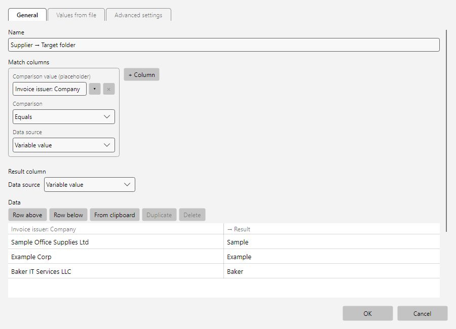 Editor of a lookup table with data area and CSV options