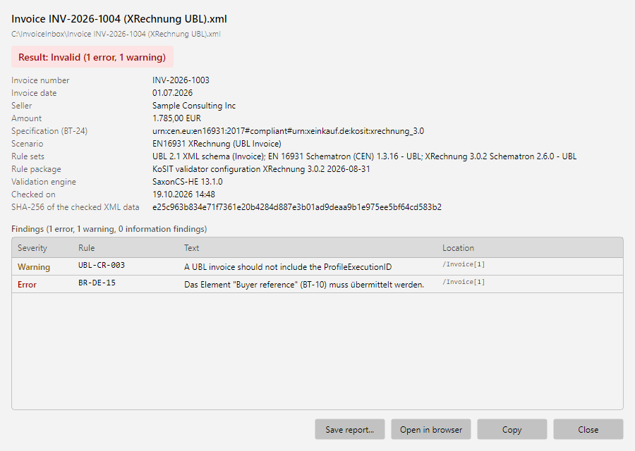 Validation report of an XRechnung with result, key data, and findings