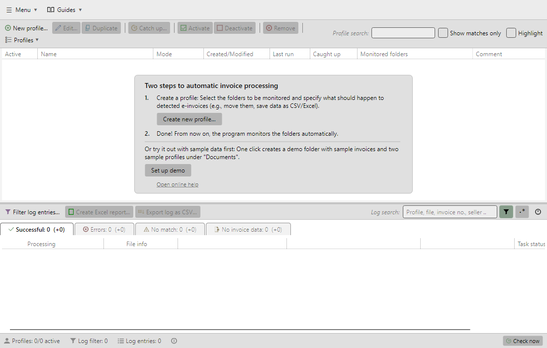 Getting-started card in the main window with an empty profile list