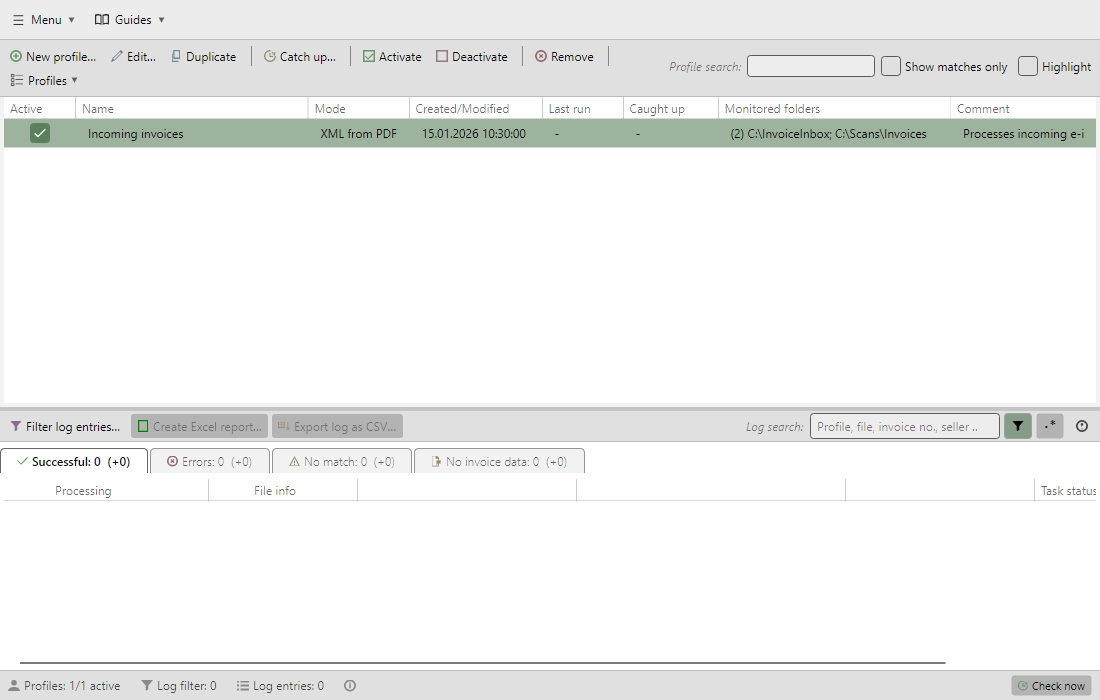 Main window with profile toolbar, profile list, log toolbar, log list, and status bar