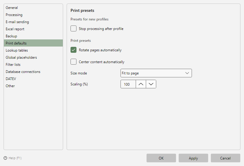 Program options, Print defaults page