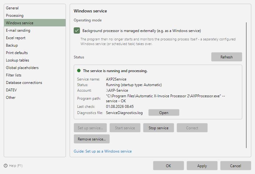 Program options, Windows Service page