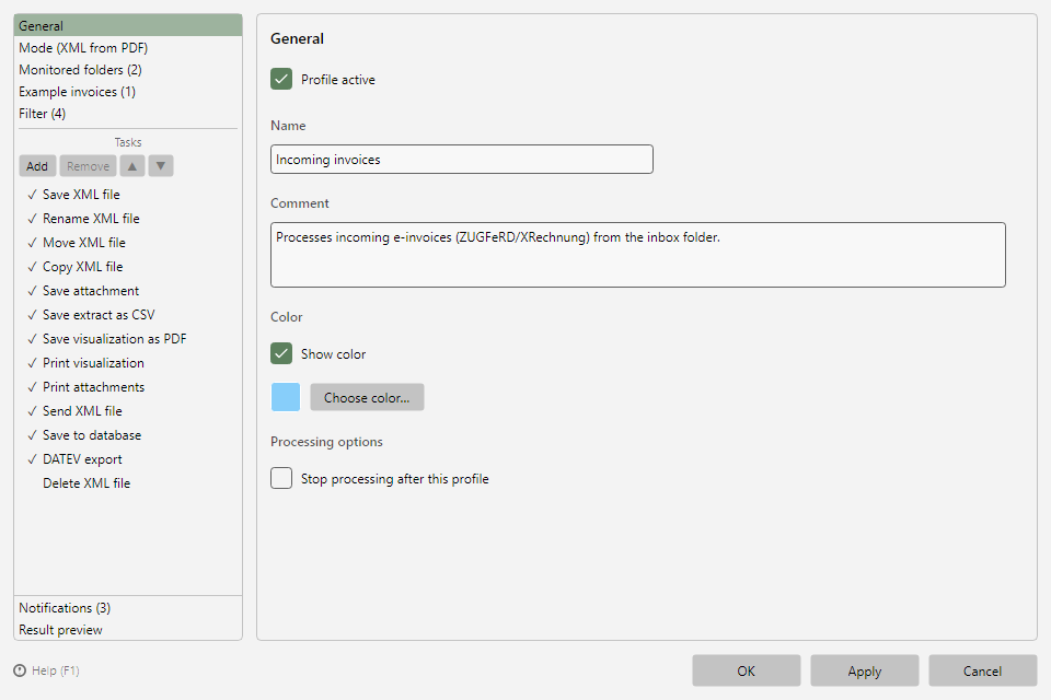 Profile settings, General area