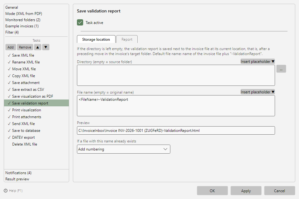 Save validation report task with the Storage location and Report tabs